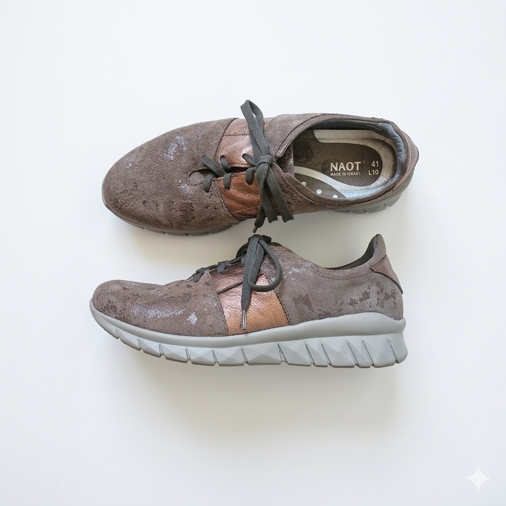 NAOT Koru Etera Metallic Leather Sneakers - Gray/Bronze - Size 41 L10